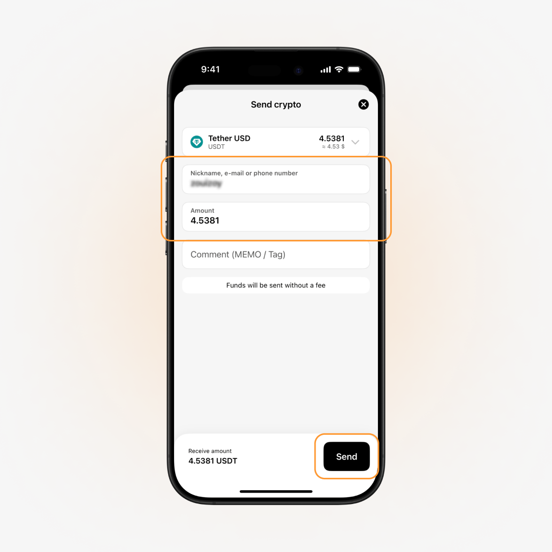 قائمة إدخال البيانات لاستلام العملات المشفرة عبر التحويل الداخلي
